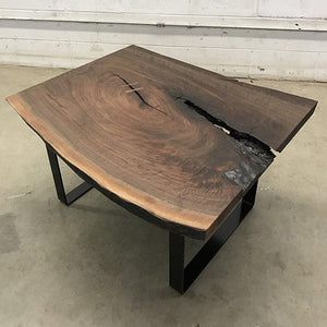 Salvaged live edge black walnut slab coffee table, made in Ottawa